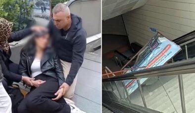 Yürüyen merdivenlerde reklam panosu genç kadının üzerine düştü